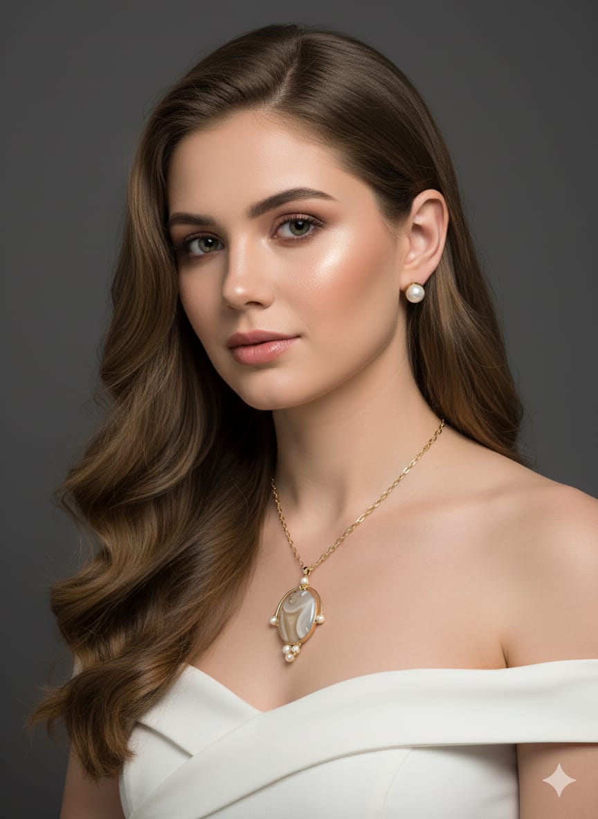 Elegant Pearl & Stone Pendant Necklace Set